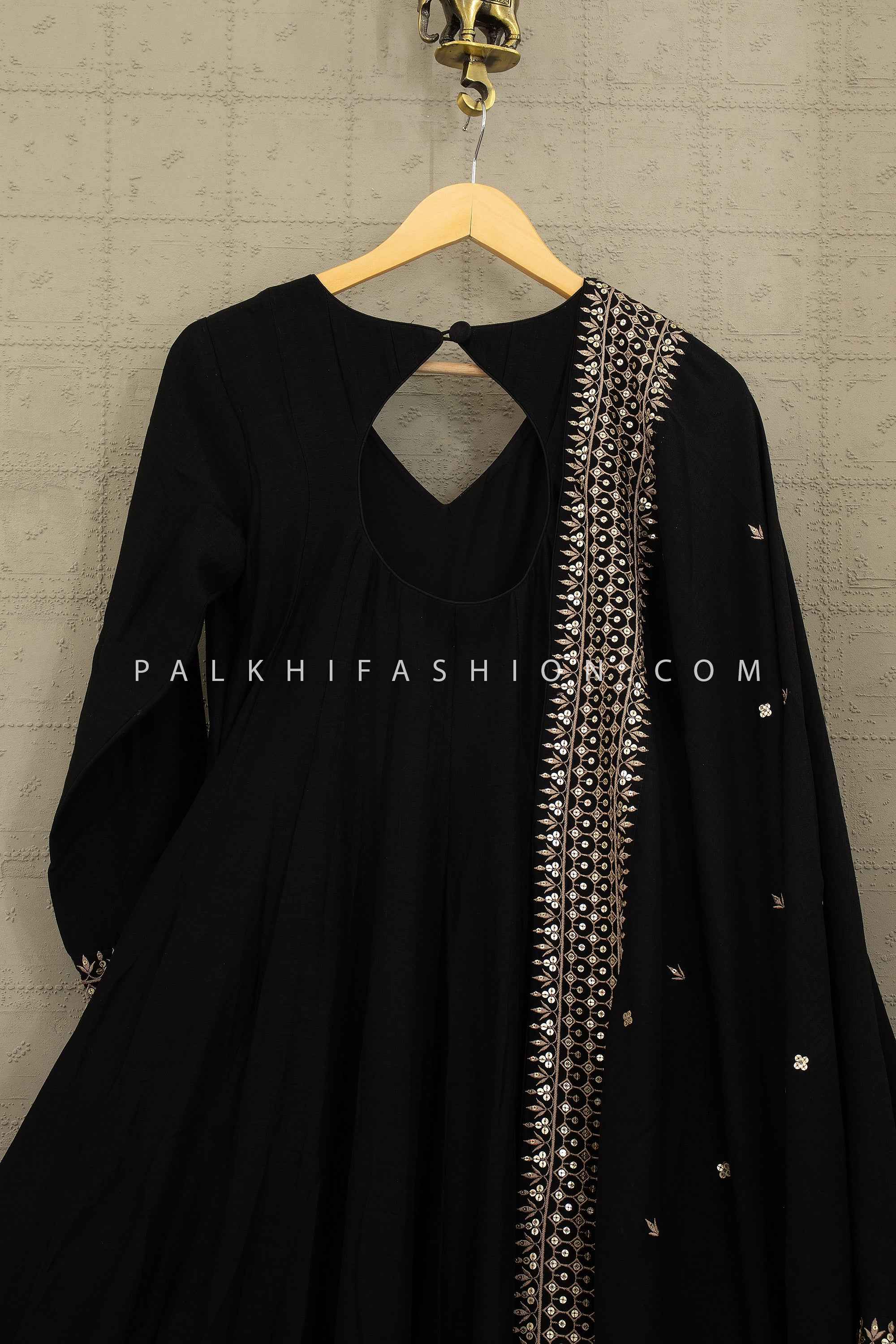 Classic Couture Muse – Elegant Black Designer Silk Gown with Dupatta – Palkhi Fashion