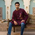 Shyam Murli | Wine Krishna Embroidered Men's Kurta | Palkhi Fashion