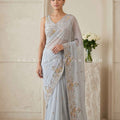 Azure Petals – Ice Grey Blue Designer Saree with Delicate work | Palkhi Fashion