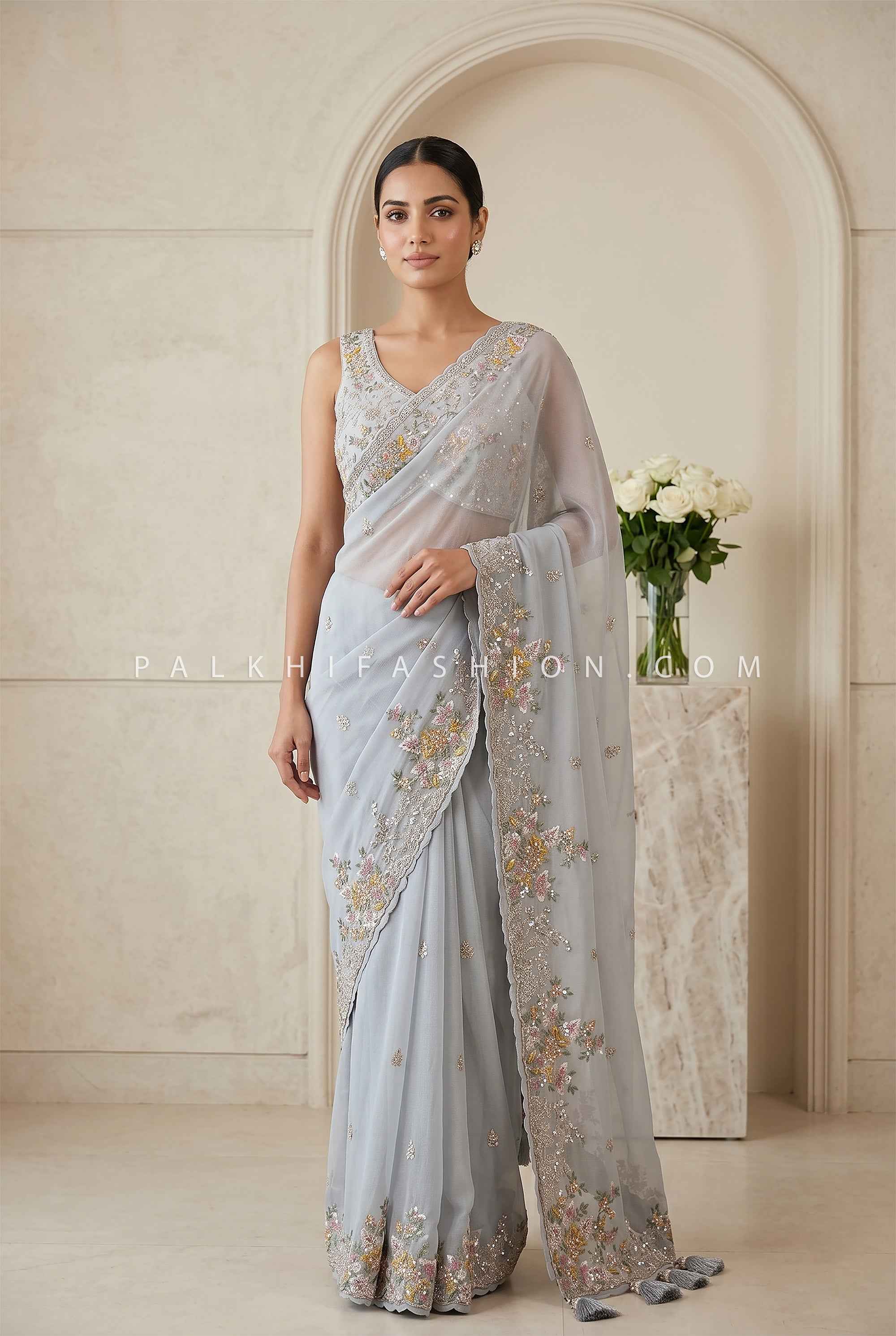 Azure Petals – Ice Grey Blue Designer Saree with Delicate work | Palkhi Fashion