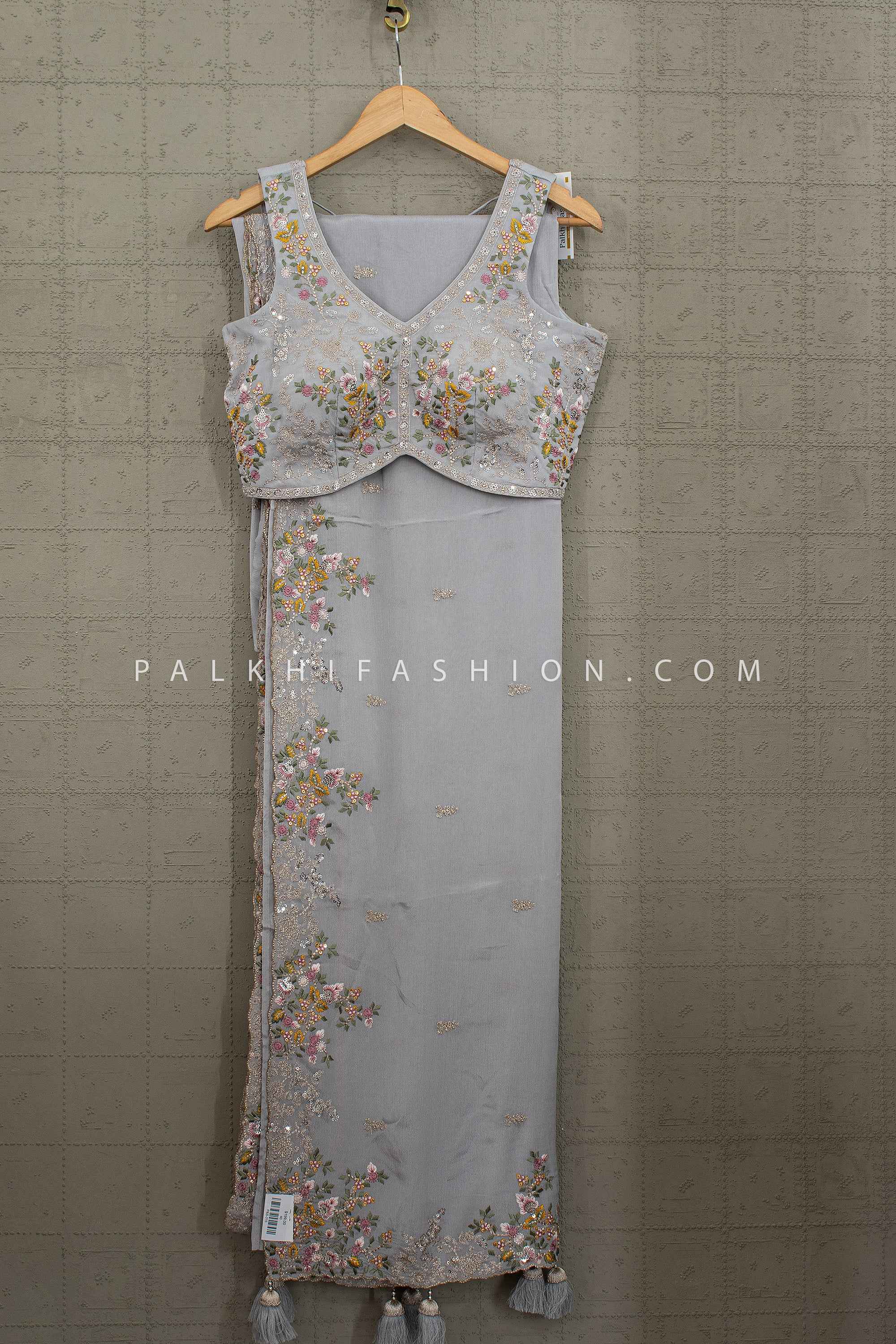 Azure Petals – Ice Grey Blue Designer Saree with Delicate work | Palkhi Fashion
