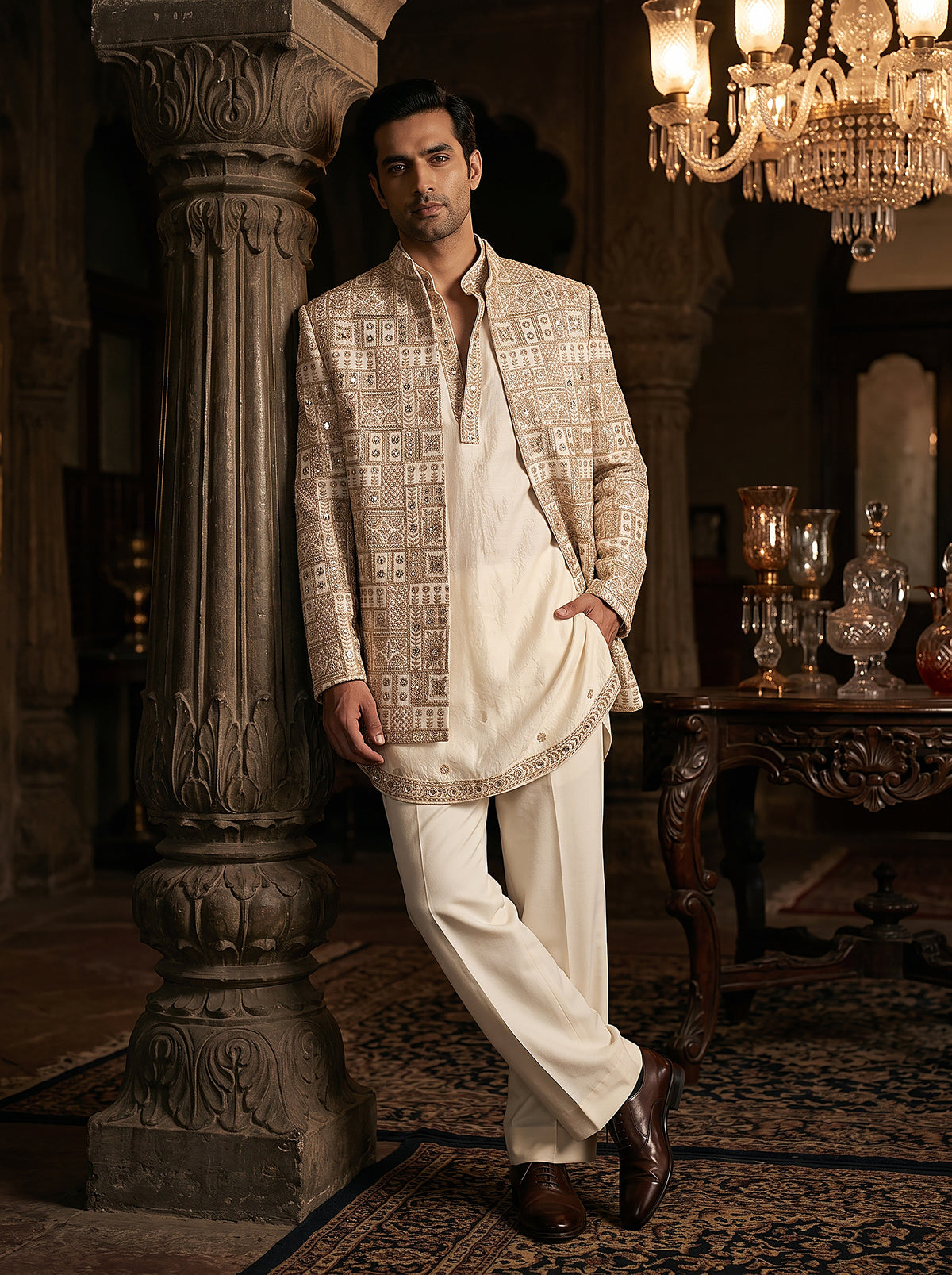 Ivory Imperial | Hand-Embellished Designer Indo-Western with Heritage Mosaic Work | Palkhi Fashion