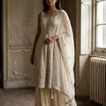Ivory Radiance | Cream Embroidered Sleeveless Kurta Palazzo Suit | Palkhi Fashion