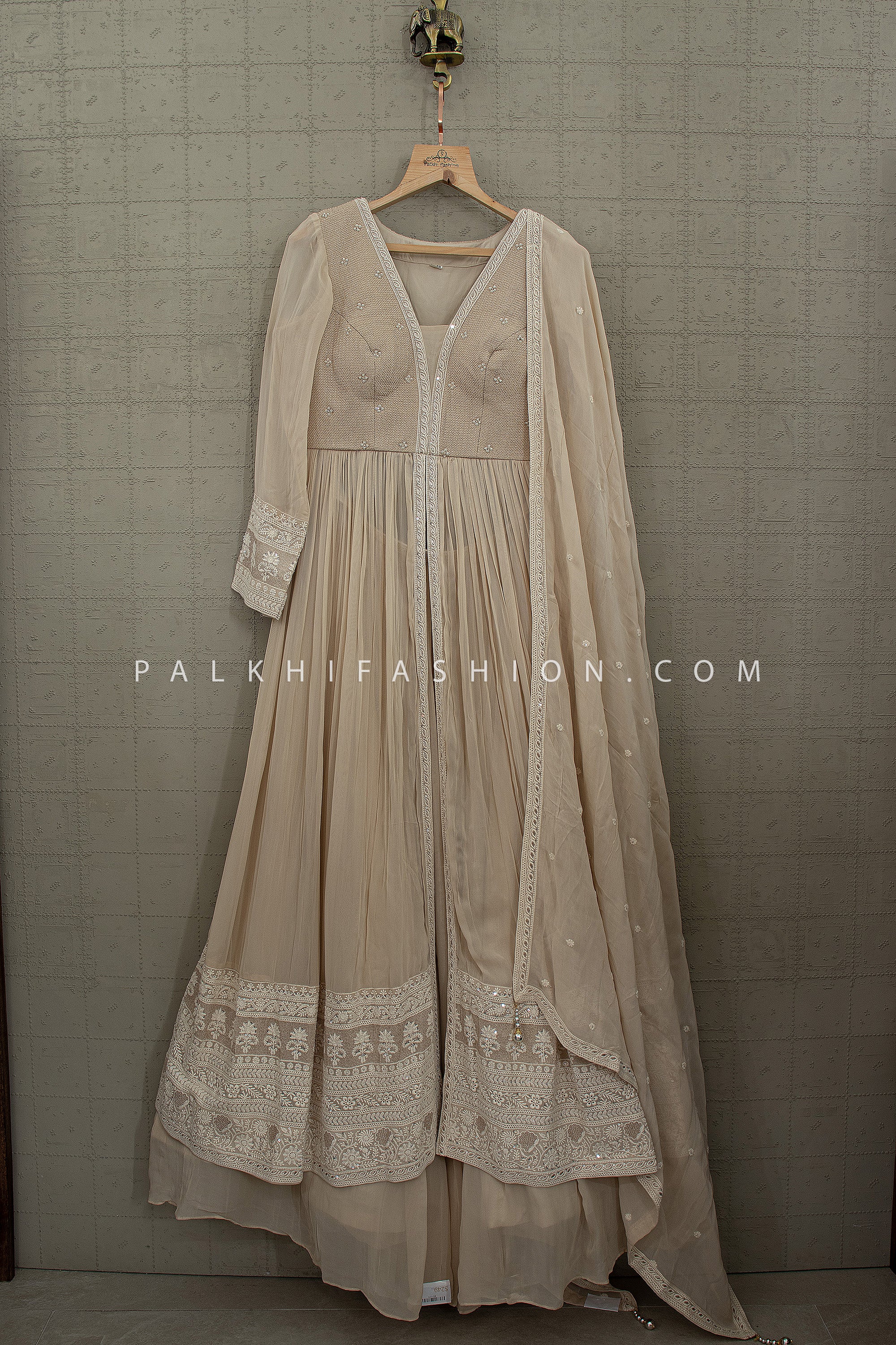 Timeless Ivory – Elegant Front Slit Lehenga Set with Threadwork Detailing | Palkhi Fashion