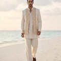Linen Majesty | Ivory Pure Linen Cutwork Indo-Western Set with Artisanal Lace & Handwork | Palkhi Fashion