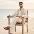 Linen Majesty | Ivory Pure Linen Cutwork Indo-Western Set with Artisanal Lace & Handwork | Palkhi Fashion