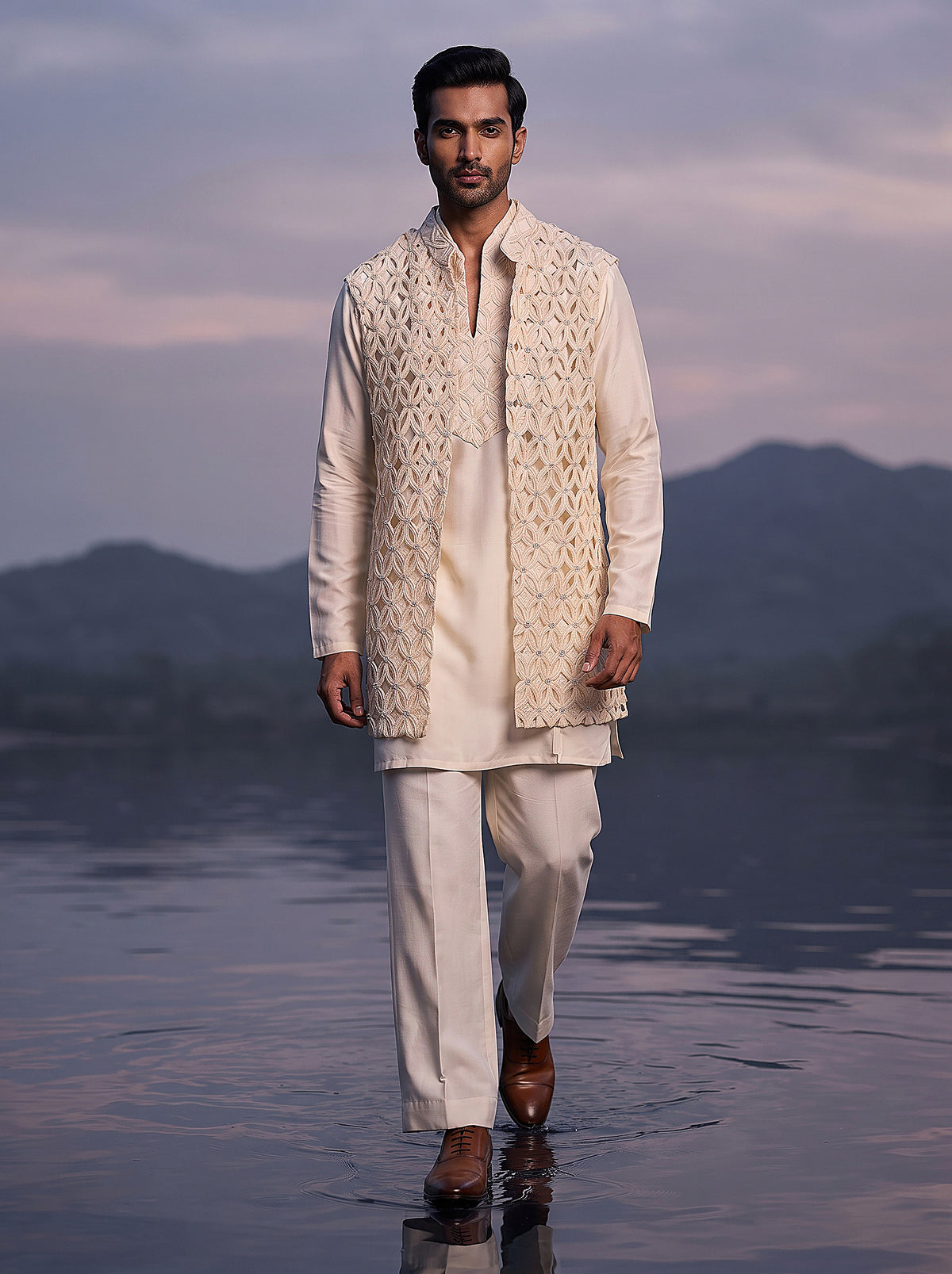 Élan Royalty | Ivory Pure Linen Indo-Western Jacket Set with Cutwork | Palkhi Fashion
