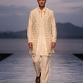 Élan Royalty | Ivory Pure Linen Indo-Western Jacket Set with Cutwork | Palkhi Fashion