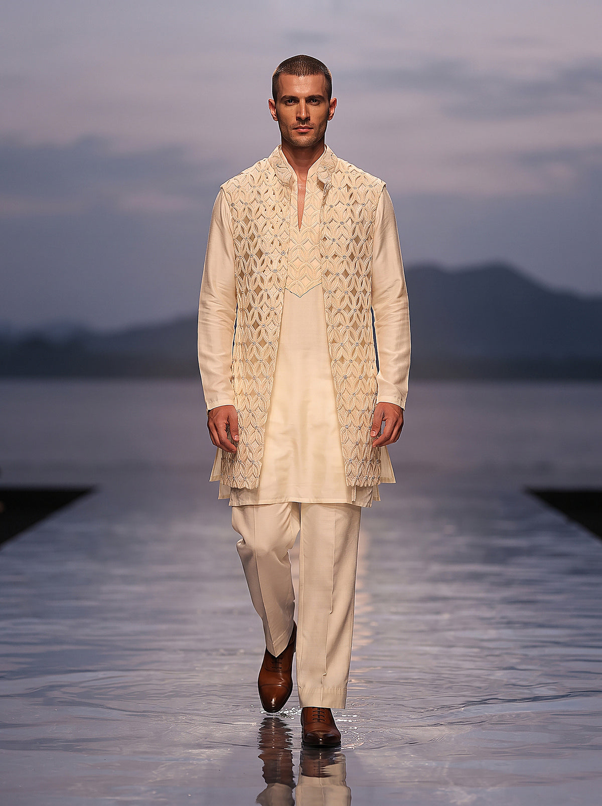 Élan Royalty | Ivory Pure Linen Indo-Western Jacket Set with Cutwork | Palkhi Fashion