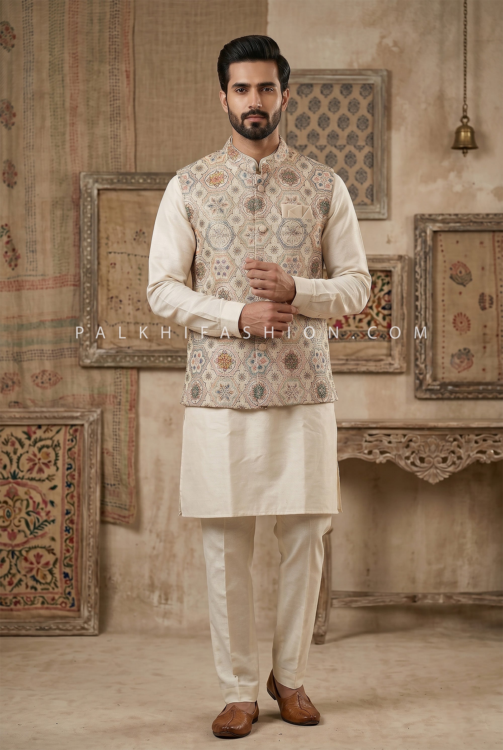 Ivory Mosaic Crest - Designer Jute Jacket Kurta Set with Appealing Work | Palkhi Fashion