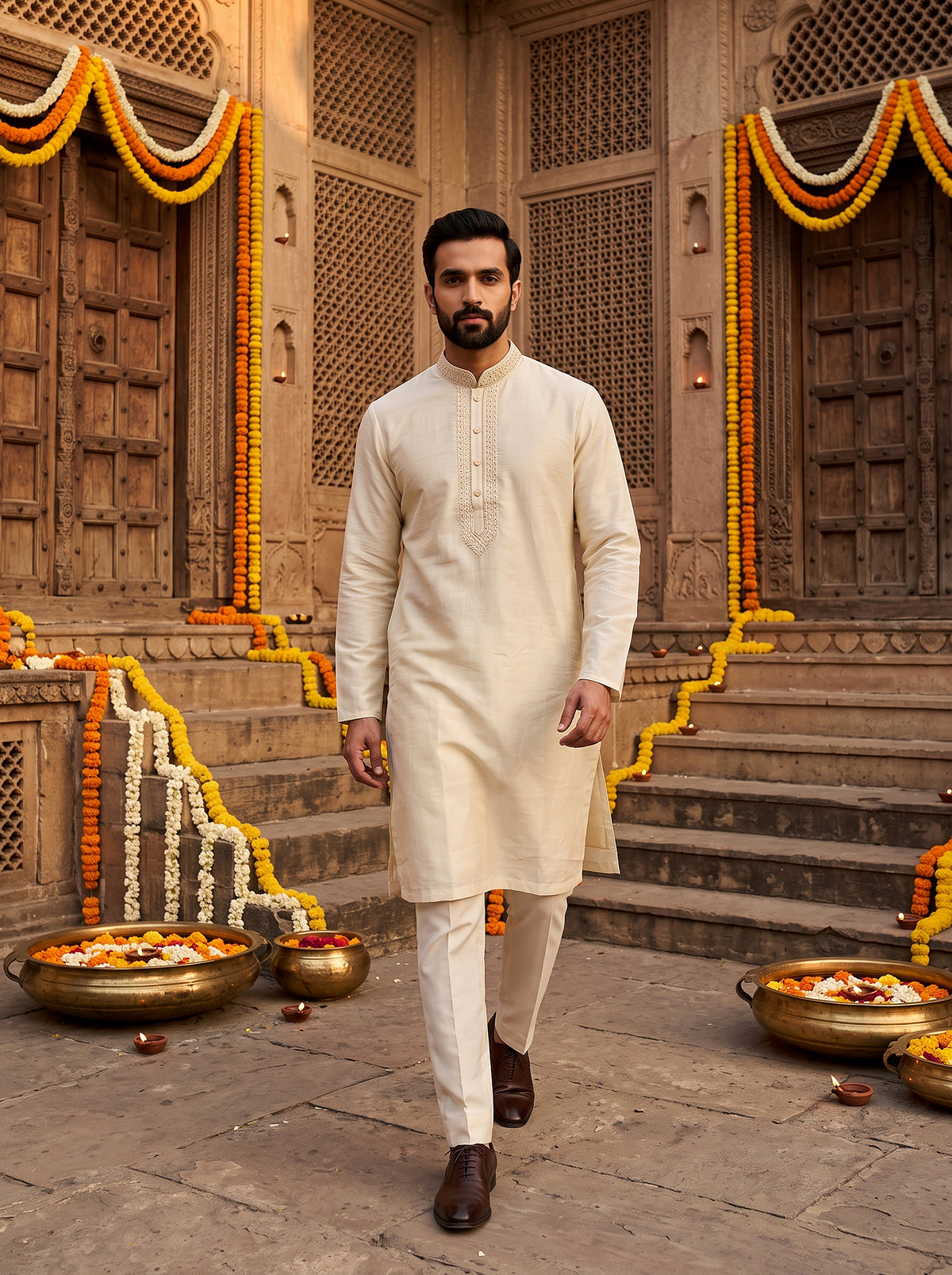 Ivory Royale | Elegant Embroidered Silk Blend Kurta Set with Delicate Work | Palkhi Fashion