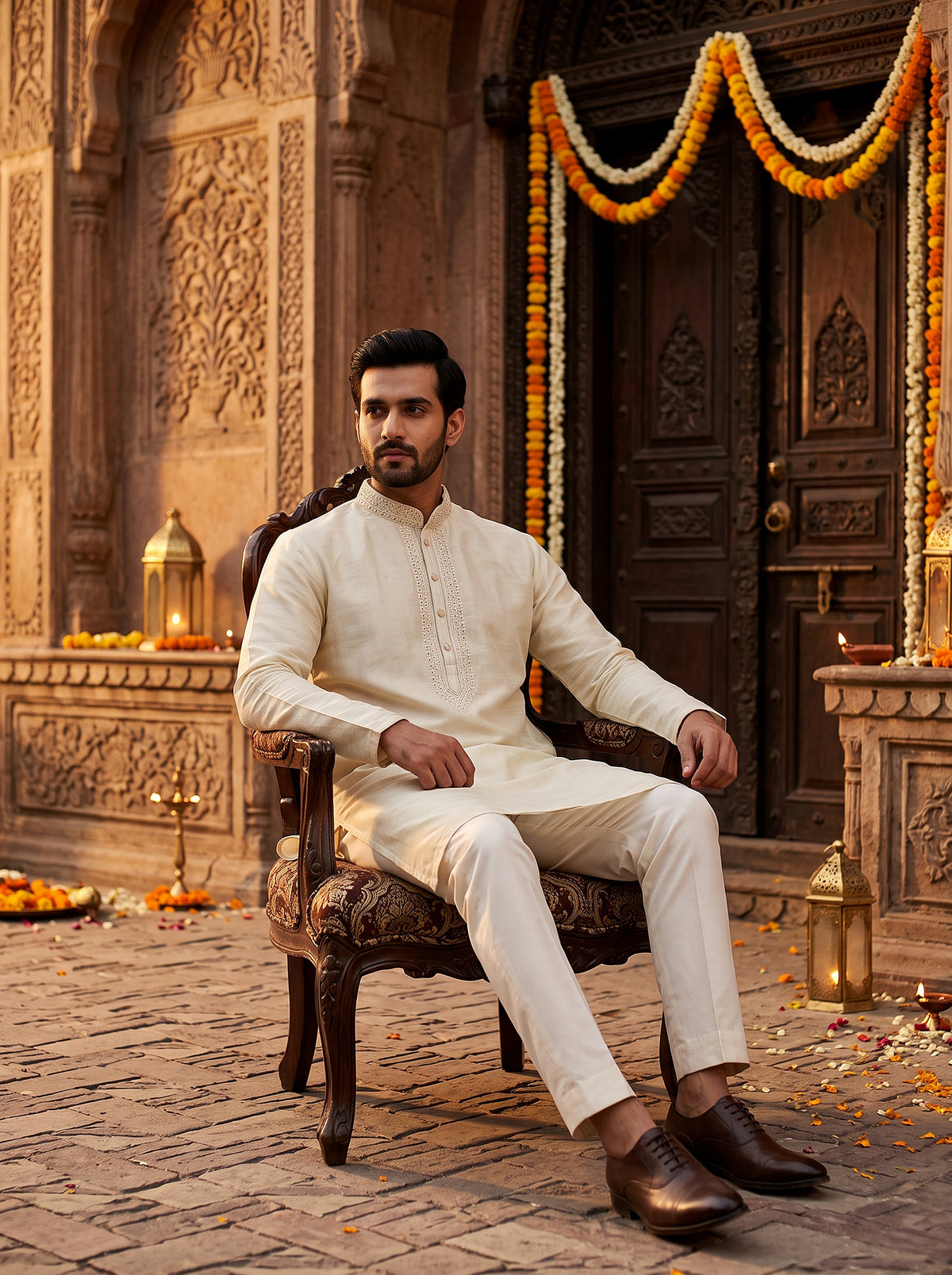 Ivory Royale | Elegant Embroidered Silk Blend Kurta Set with Delicate Work | Palkhi Fashion