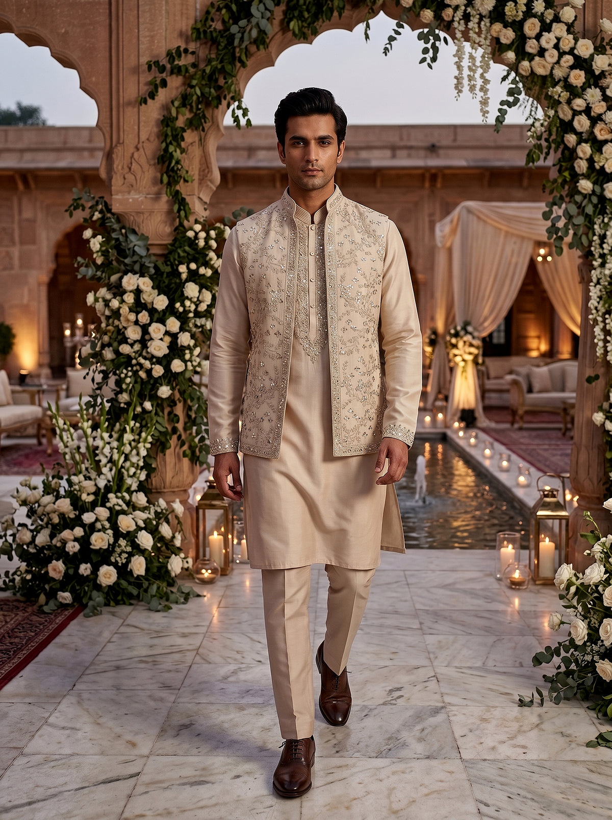 Celestial Ivory | Designer Open-Jacket Kurta Set with Mirror & Resham Work | Palkhi Fashion