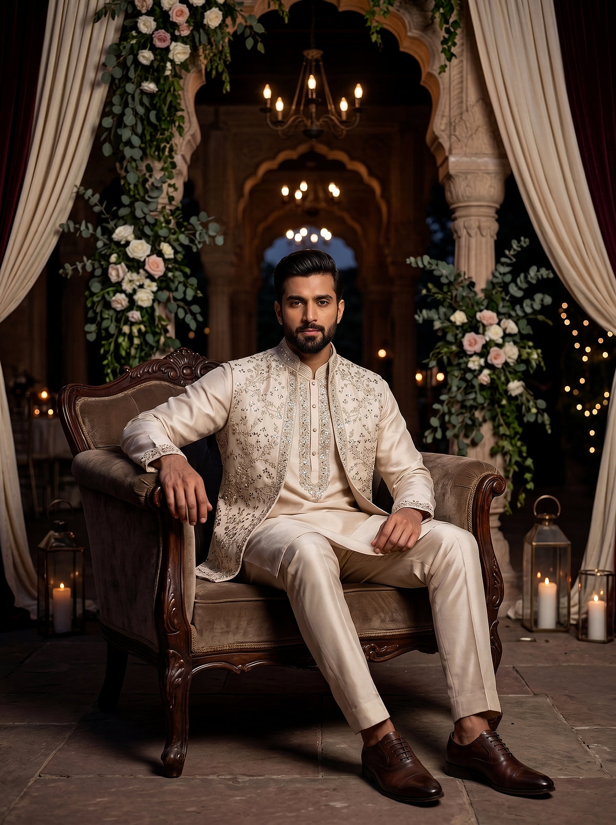 Celestial Ivory | Designer Open-Jacket Kurta Set with Mirror & Resham Work | Palkhi Fashion