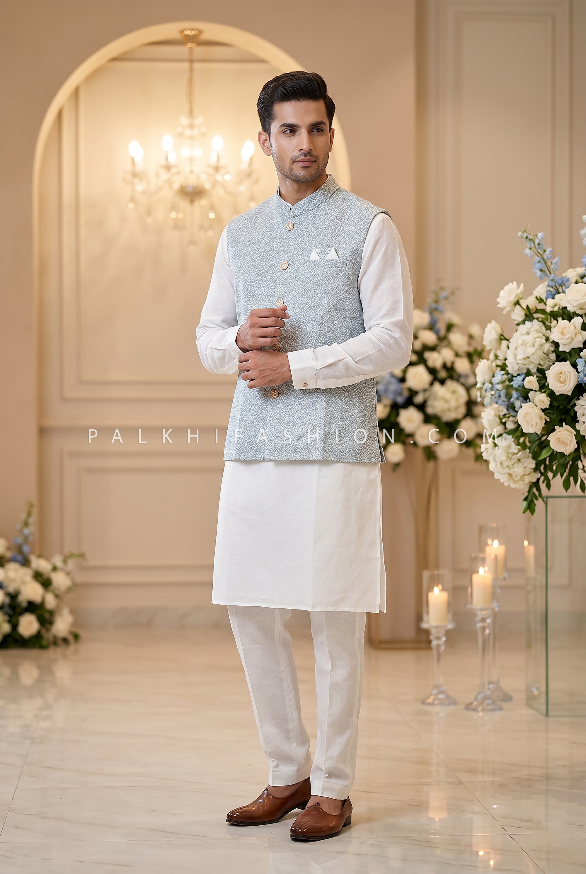 Ivory Sky Prestige - Elegant Off White/Powder Blue Jacket Kurta Set | Palkhi Fashion