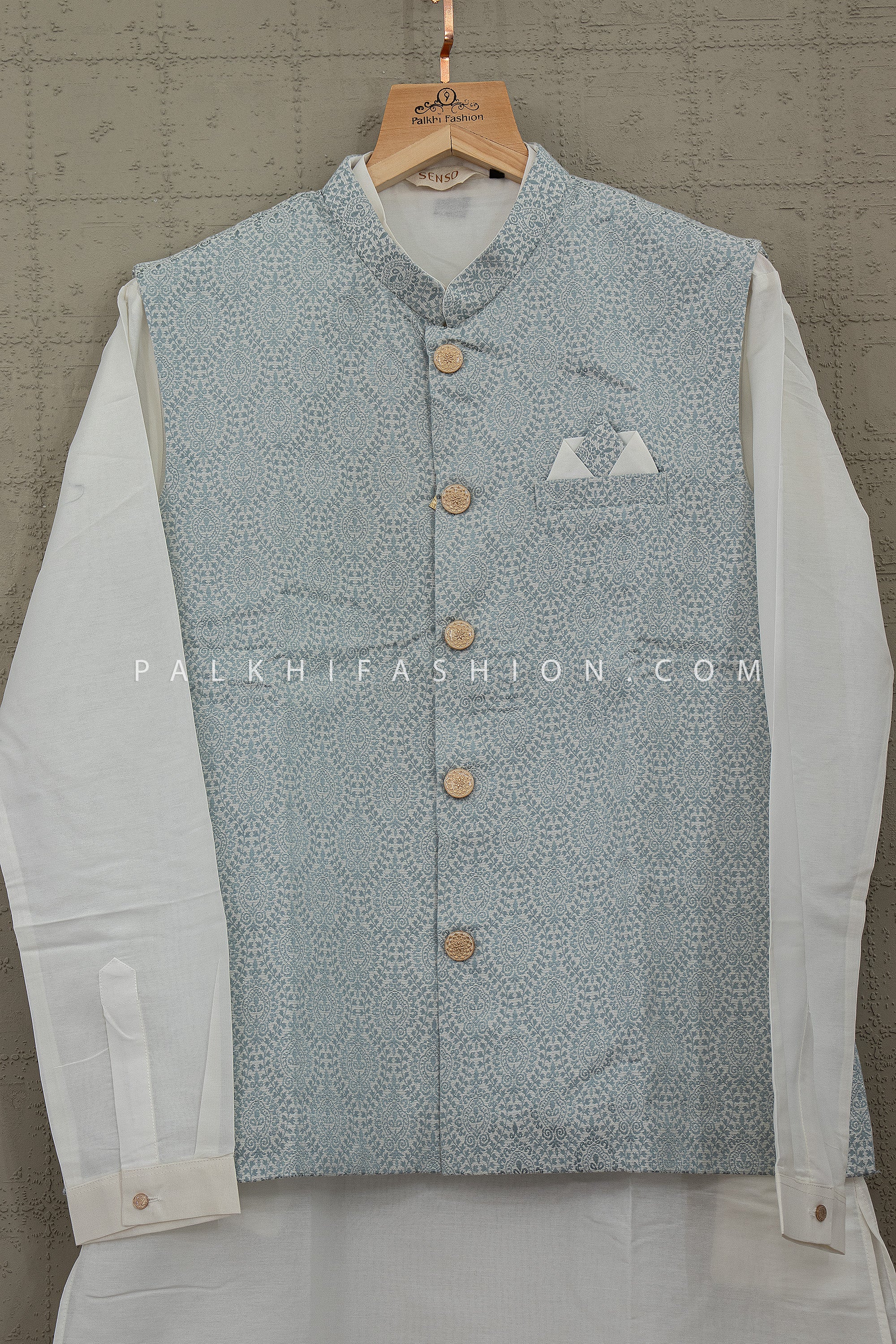 Ivory Sky Prestige - Elegant Off White/Powder Blue Jacket Kurta Set | Palkhi Fashion