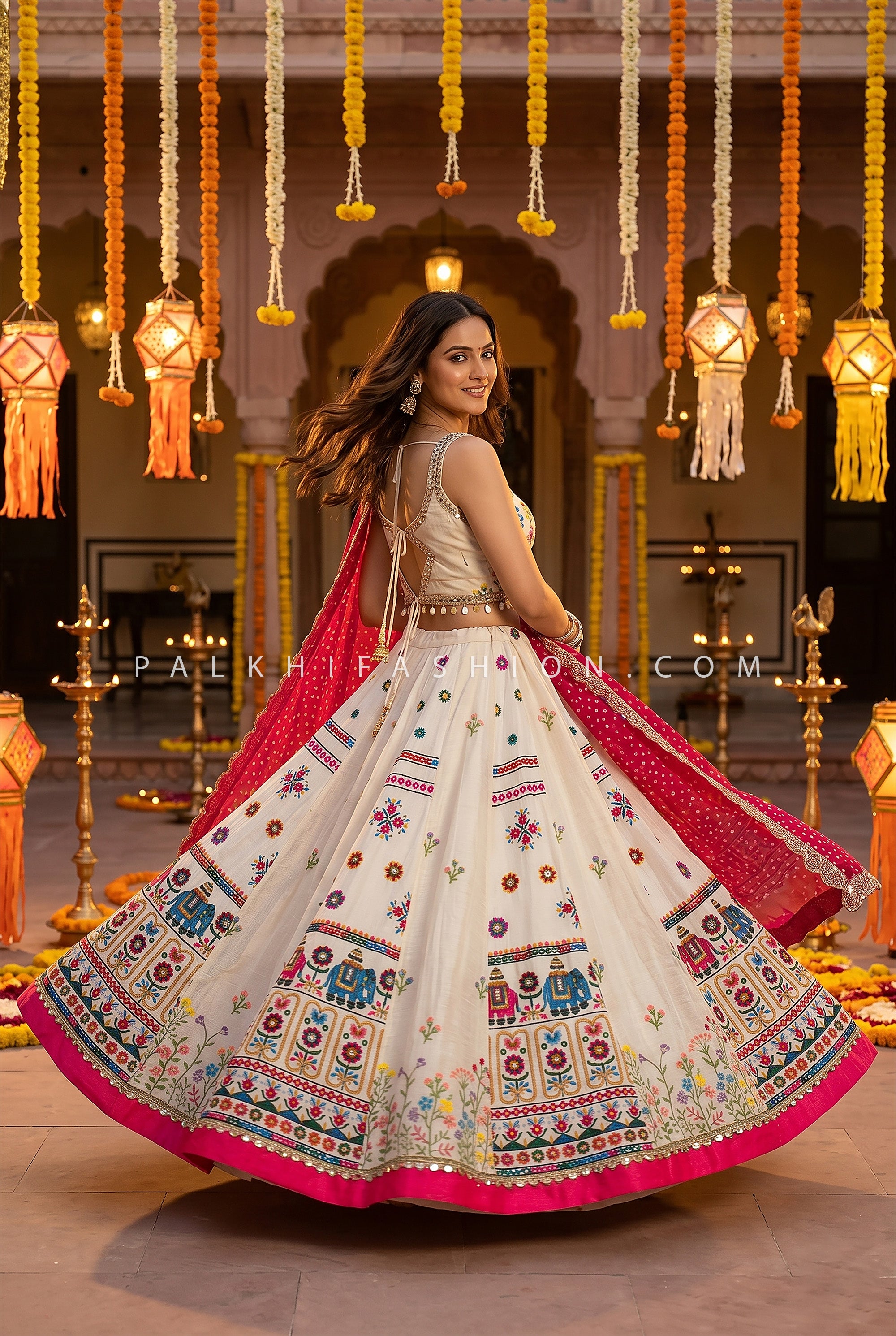 Meadow Elegance – Ivory Embroidered Navratri Chaniya Choli with Bandhani Dupatta | Palkhi Fashion