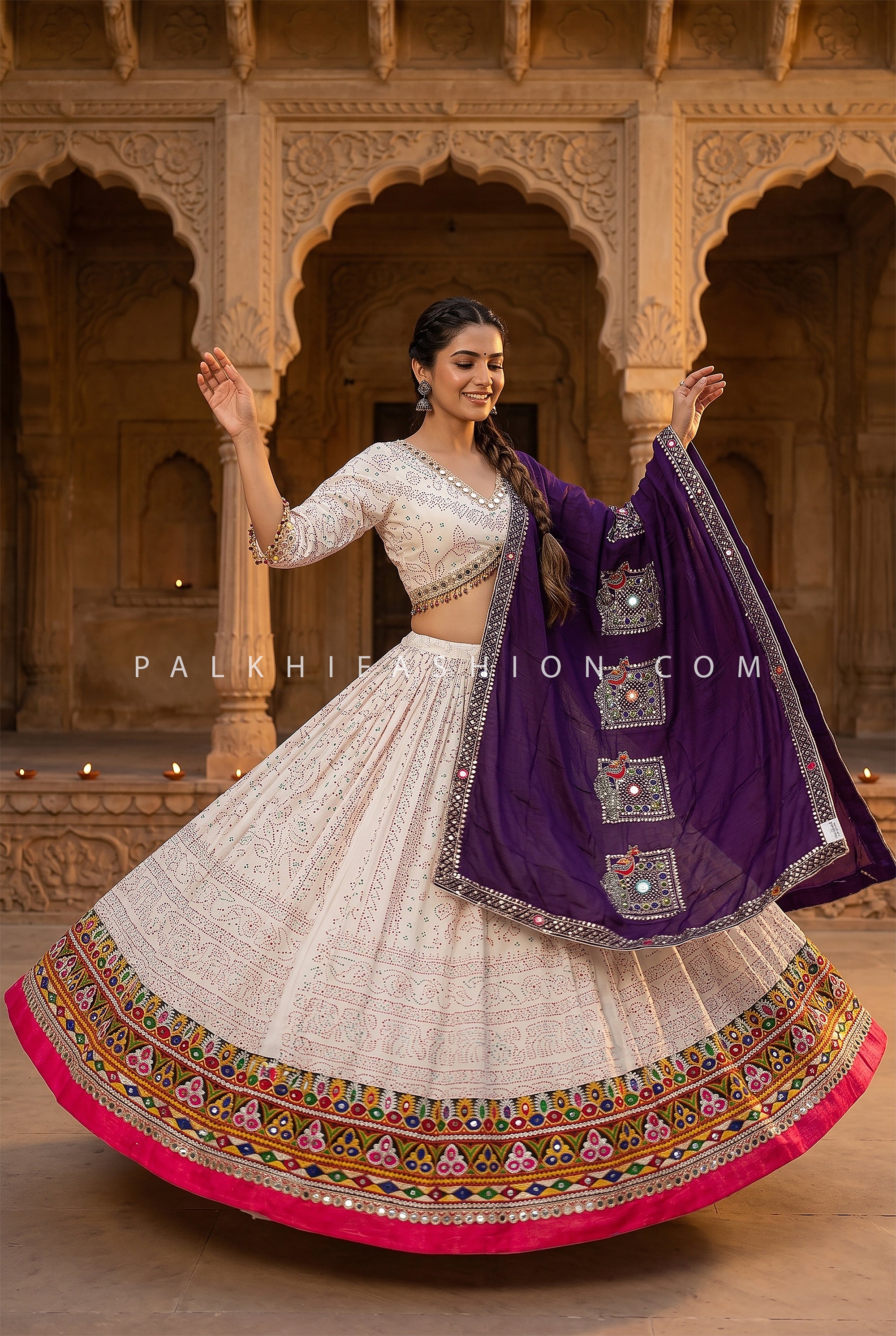 Garba Grace – White Navratri Chaniya Choli with Bandhani Grace & Peacock Dupatta | Palkhi Fashio