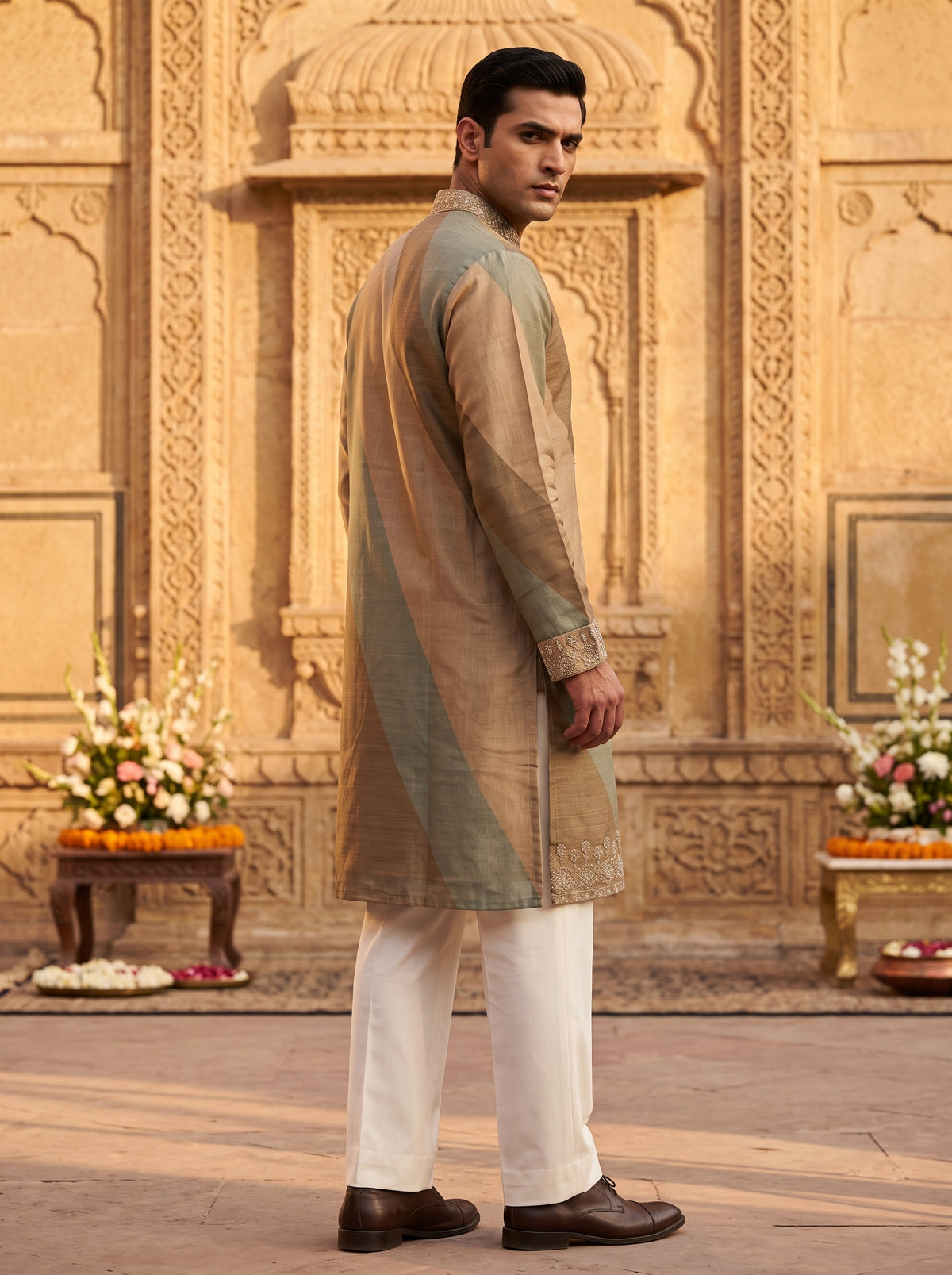 Earth & Sage Elegance | Designer Brown Beadwork Mens Kurta with Off-White Pants | Palkhi Fashion