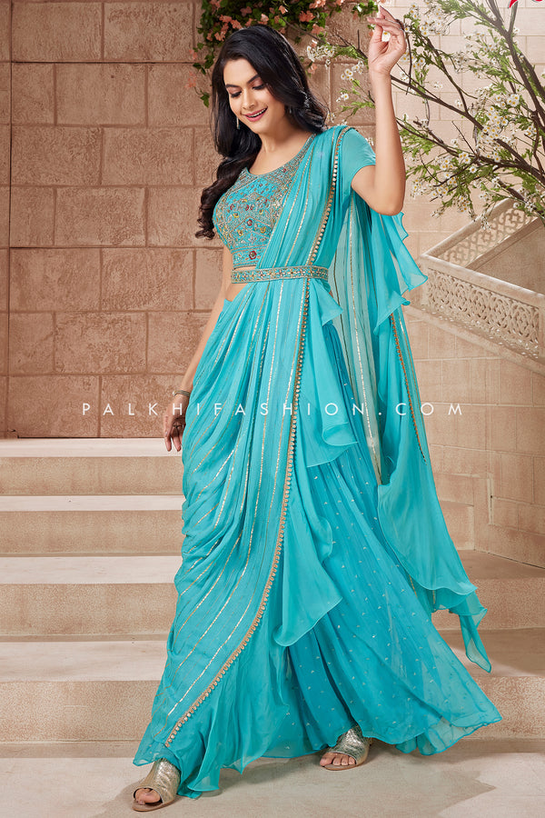 Light Blue Crop Top Palazzo Outfit With Attached Drape