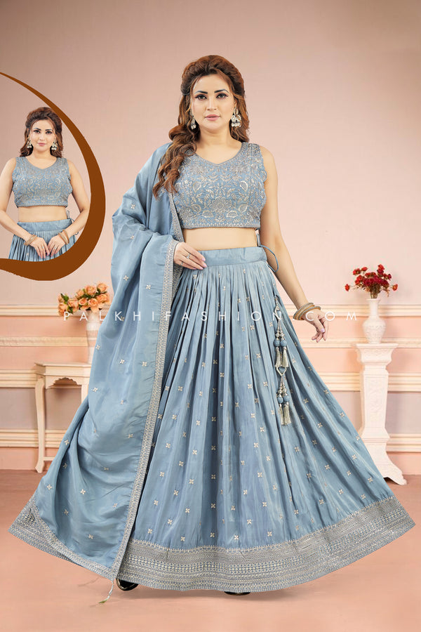 Light Blue Grey Lehenga Choli with Embroidery Work - Palkhi Fashion