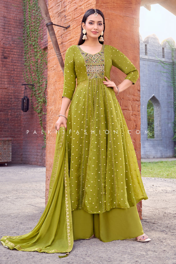 Light Green Soft Silk Front Slit Palazzo Outfit - Palkhi Fashion