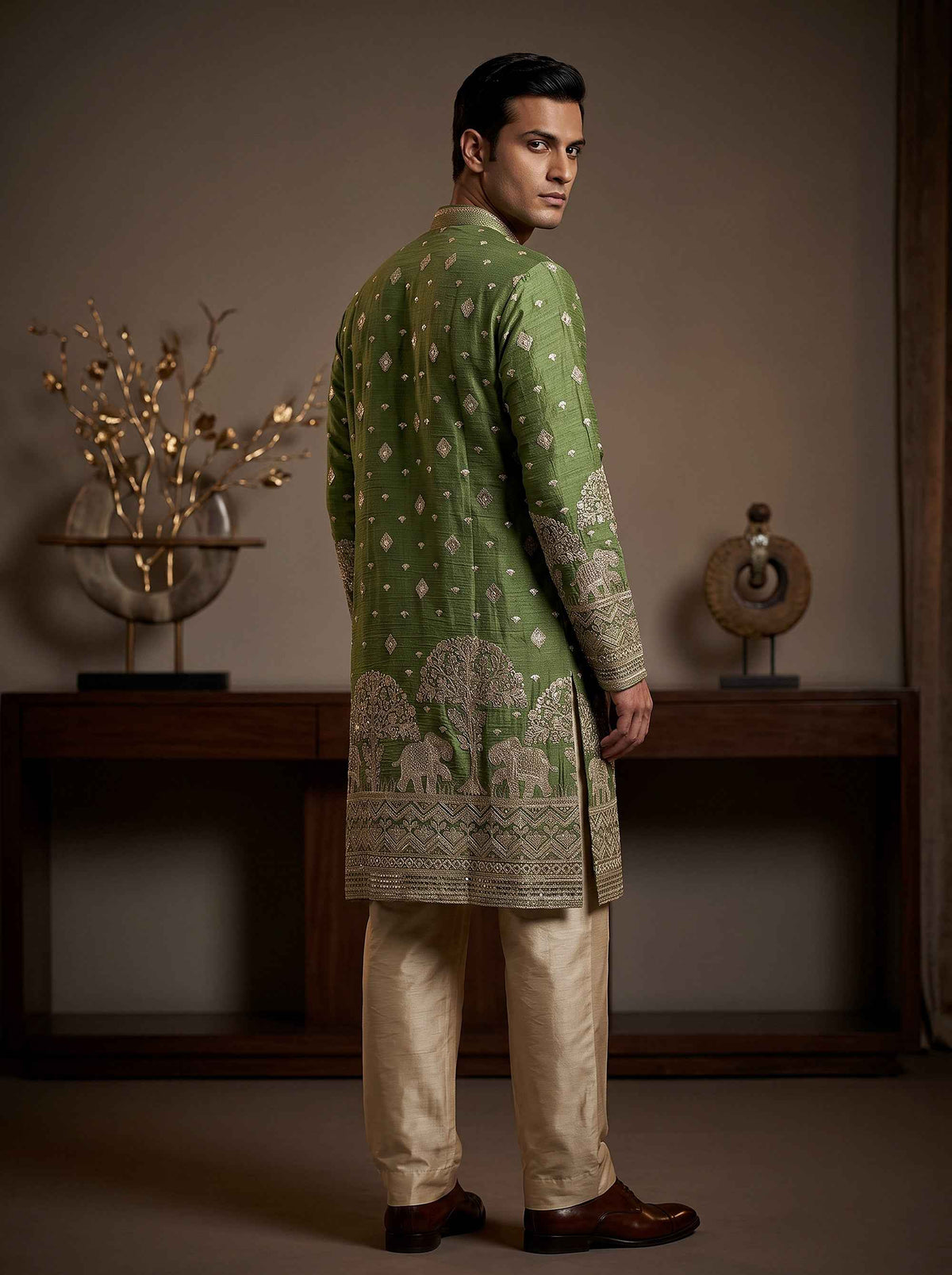 Regal Heritage | Light Green Tissue Silk Men's Kurta Set with Heritage Embroidery | Palkhi Fashion