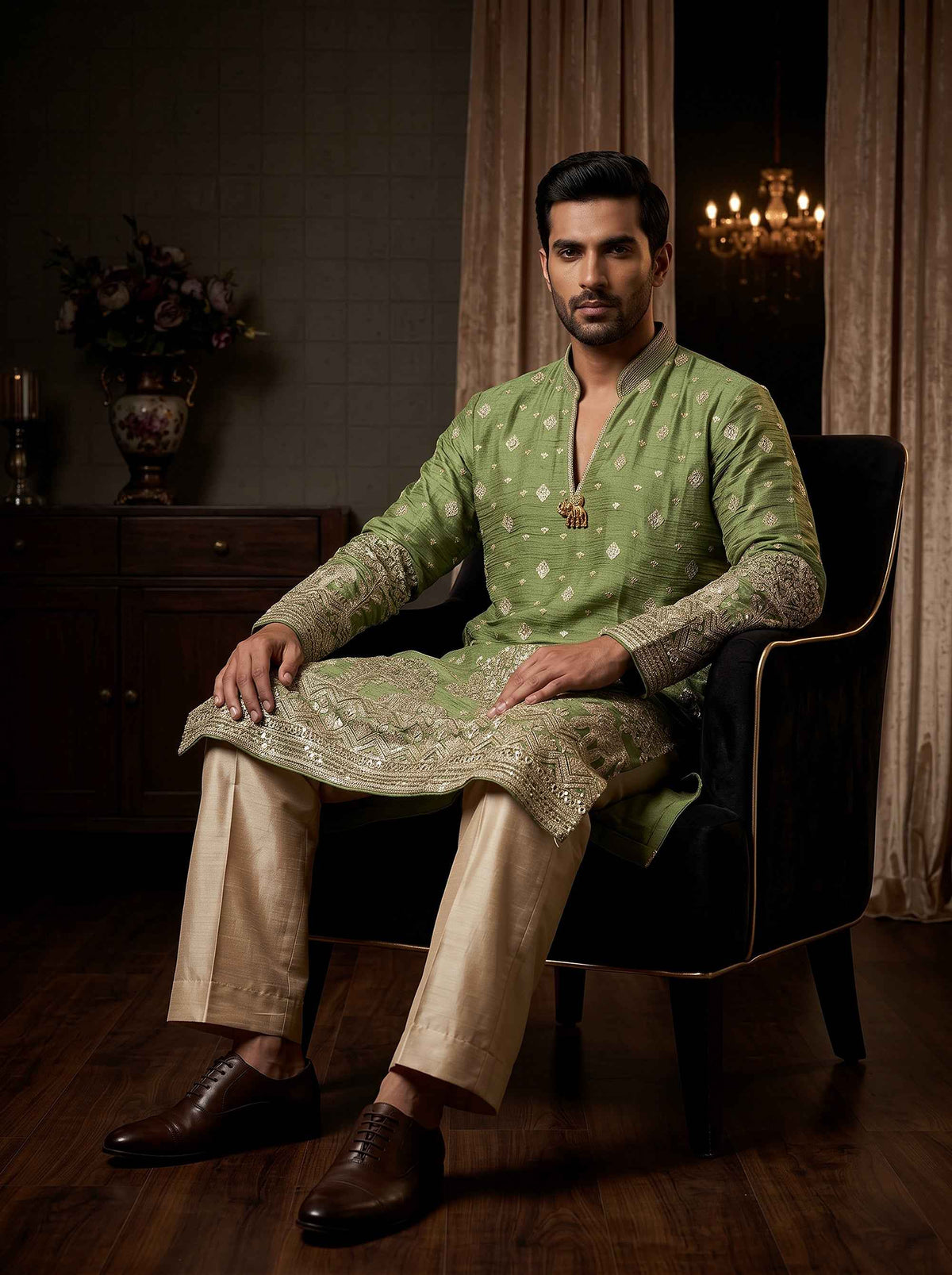 Regal Heritage | Light Green Tissue Silk Men's Kurta Set with Heritage Embroidery | Palkhi Fashion