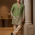 Regal Heritage | Light Green Tissue Silk Men's Kurta Set with Heritage Embroidery | Palkhi Fashion