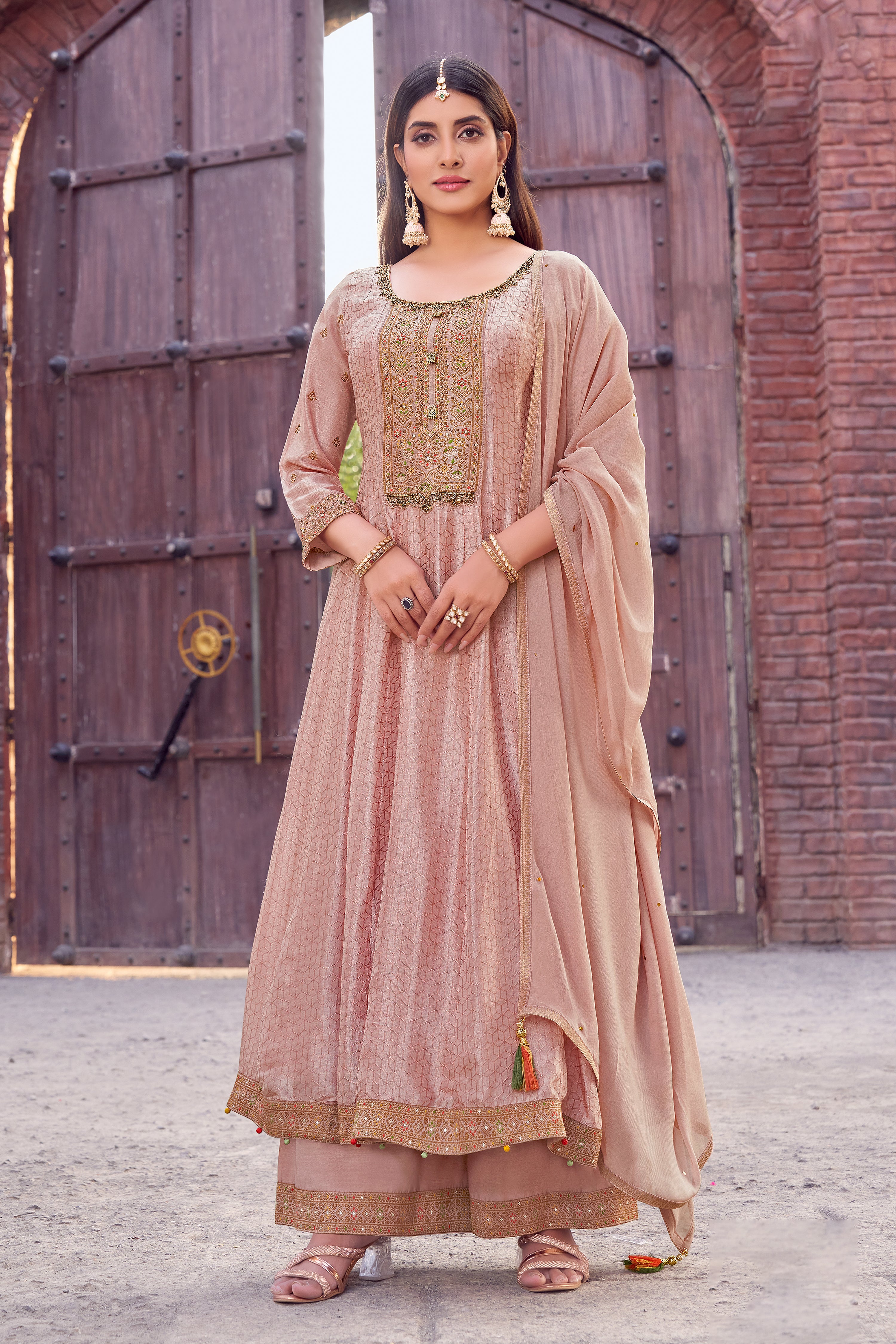 Light Mauve Banarasi Silk Palazzo Suit with Kundan Embellishments – Palkhi Fashion