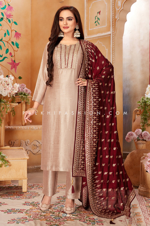 Light Mauve Straight Cut Suit with Matching Pants and Dupatta