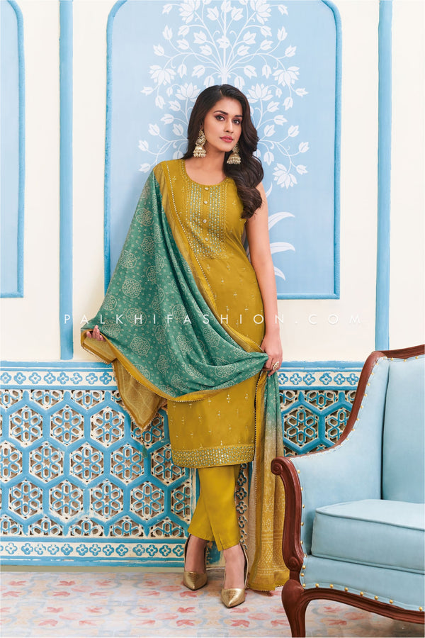 Light Mustard/Sage Green Straight Cut Suit with Bandhani Dupatta