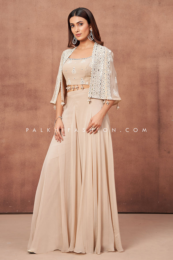 Light Peach Crop Top Palazzo Outfit with Mirror Work Jacket | Palkhi Fashion