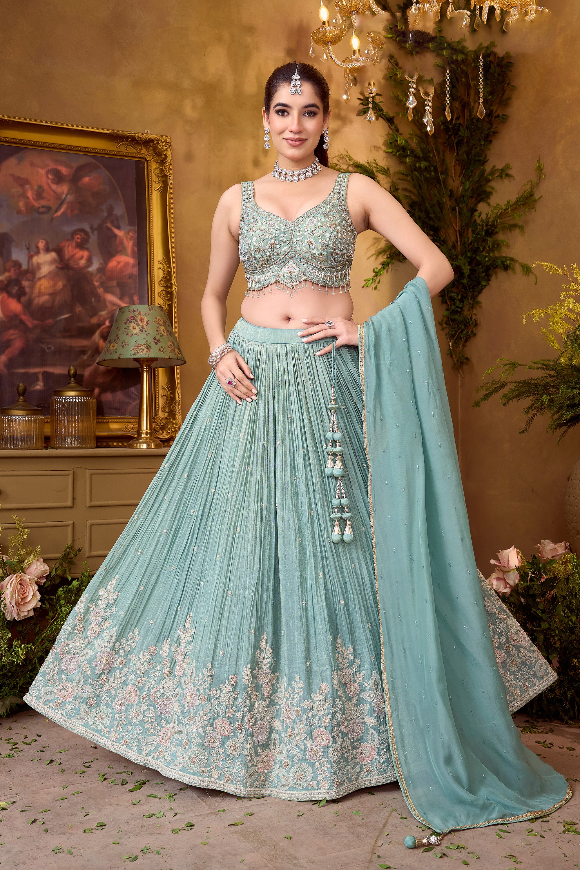 Aqua Elegance | Light Teal Georgette Lehenga Choli with Resham & Cutdana Work | Palkhi Fashion