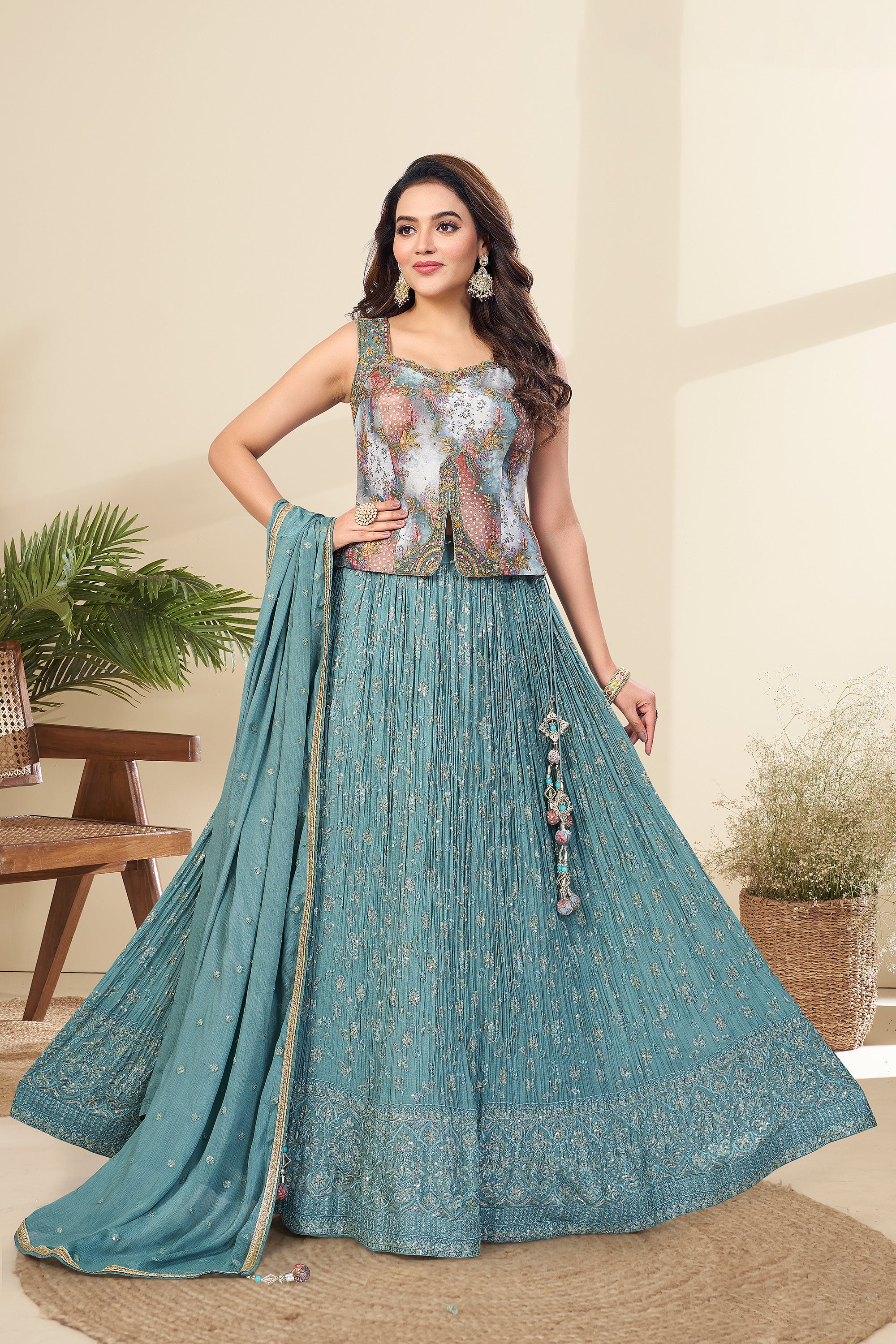 Ocean Melody | Light Teal Georgette Lehenga Choli with Bandhani Blouse | Palkhi Fashion