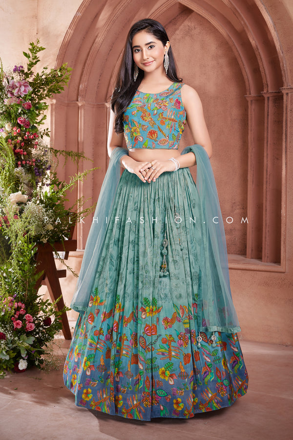 Light Teal Girls Lehenga Choli | Soft Silk & Prints | Palkhi Fashion