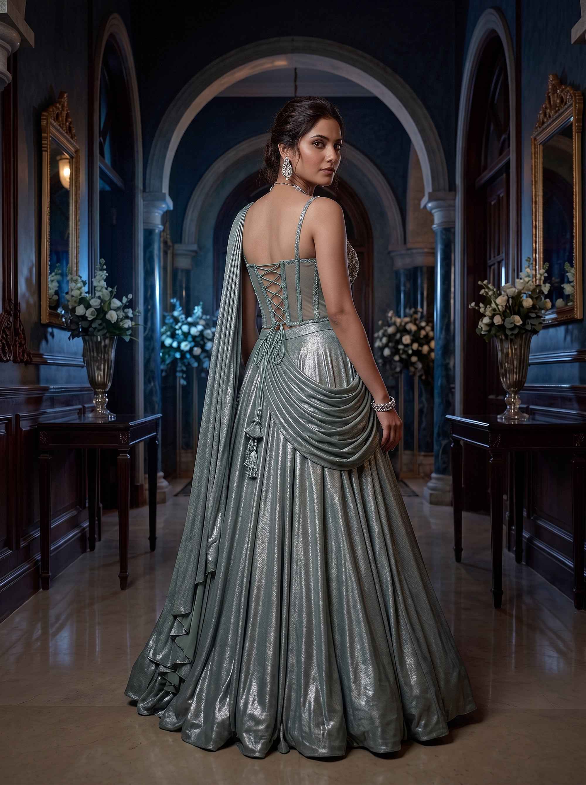 Modern Enchantment | Light Teal Metallic Tissue Pre-Draped Corset Lehenga Set | Palkhi Fashion