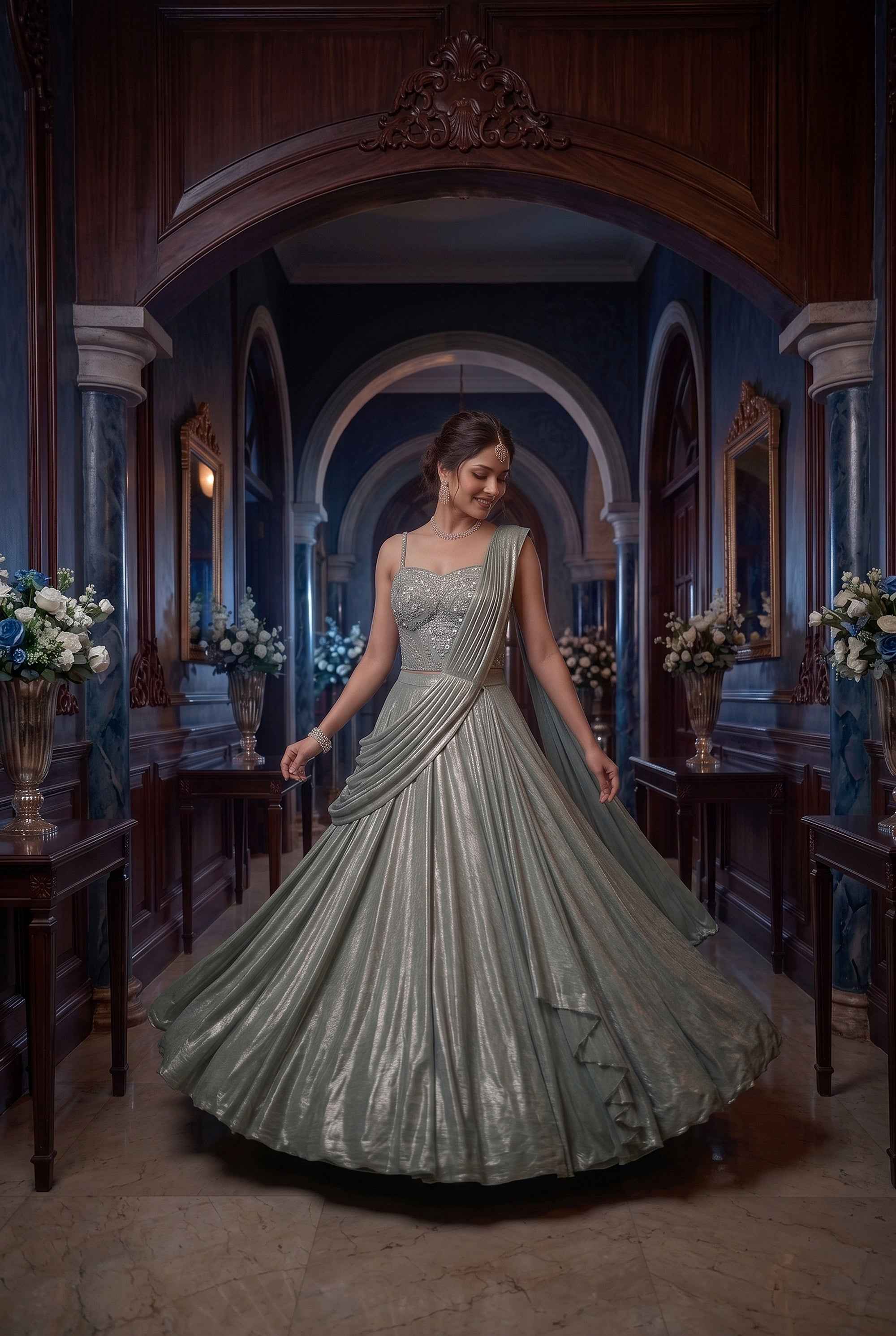 Modern Enchantment | Light Teal Metallic Tissue Pre-Draped Corset Lehenga Set | Palkhi Fashion