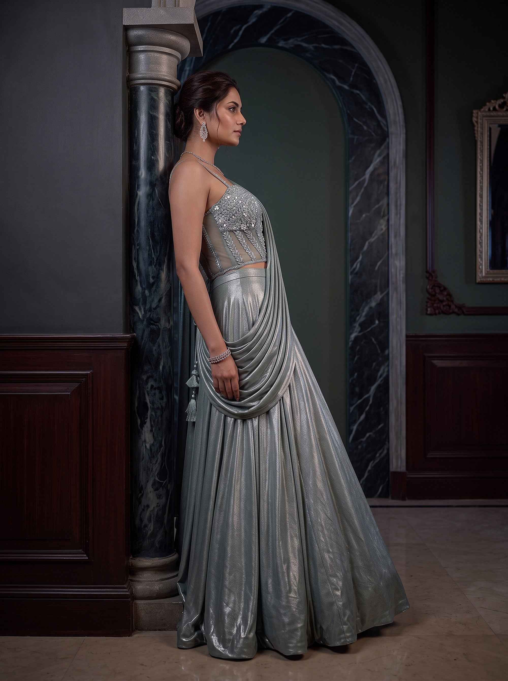 Modern Enchantment | Light Teal Metallic Tissue Pre-Draped Corset Lehenga Set | Palkhi Fashion