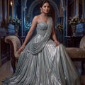 Modern Enchantment | Light Teal Metallic Tissue Pre-Draped Corset Lehenga Set | Palkhi Fashion