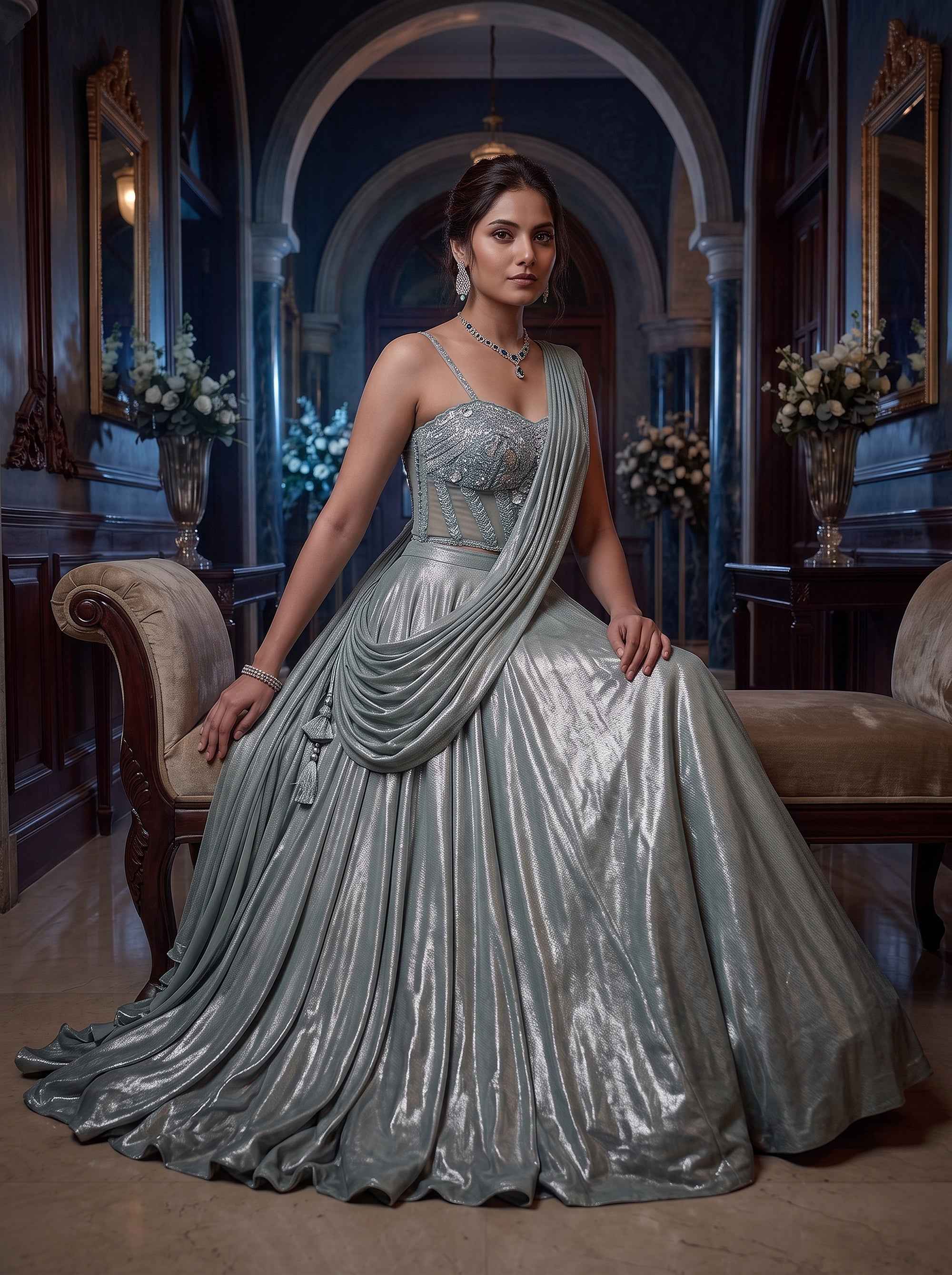 Modern Enchantment | Light Teal Metallic Tissue Pre-Draped Corset Lehenga Set | Palkhi Fashion