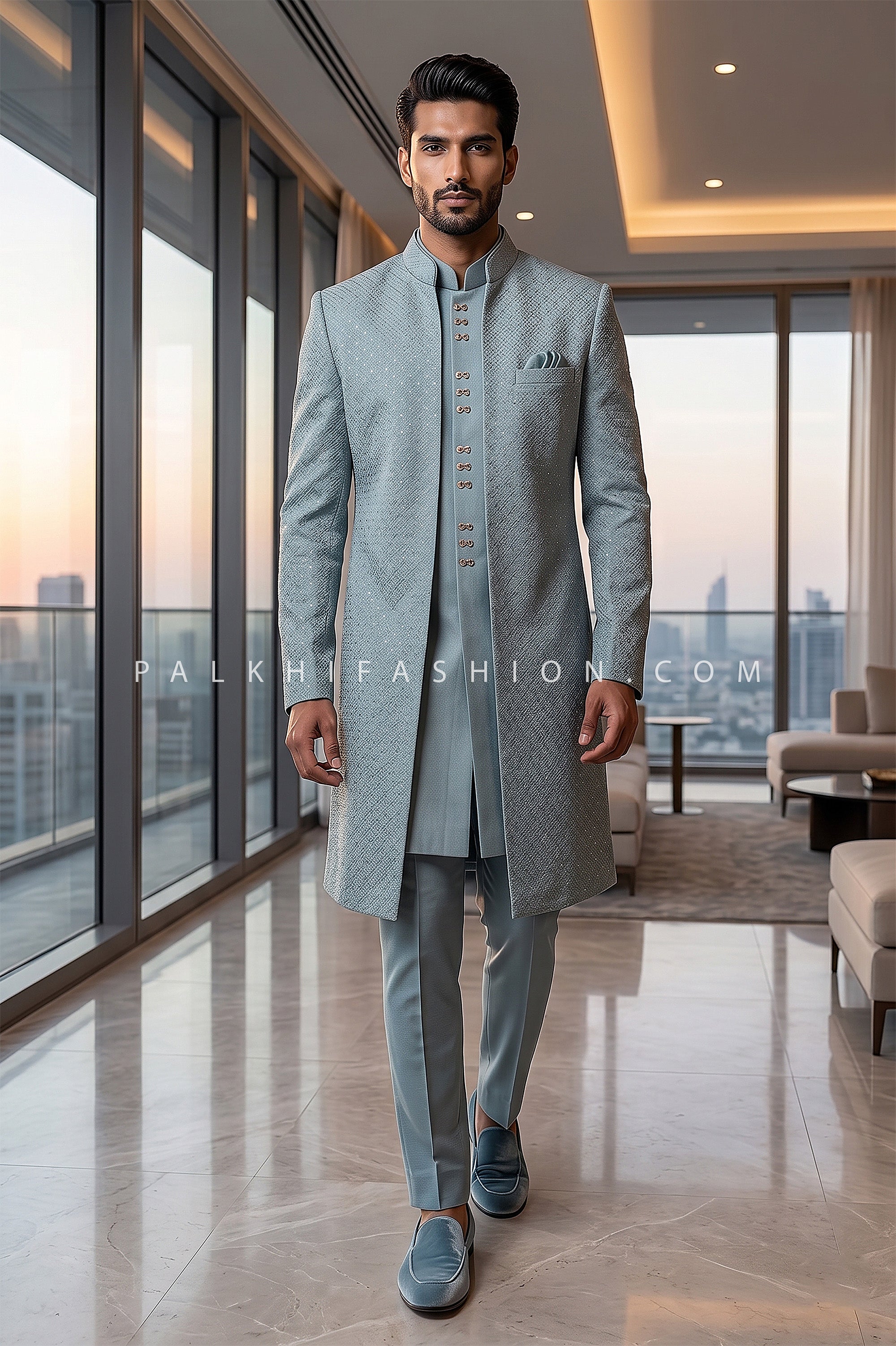 Light Teal Silk Blend Indo Western with Micro stone & Premium Woven Texture | Palkhi Fashion