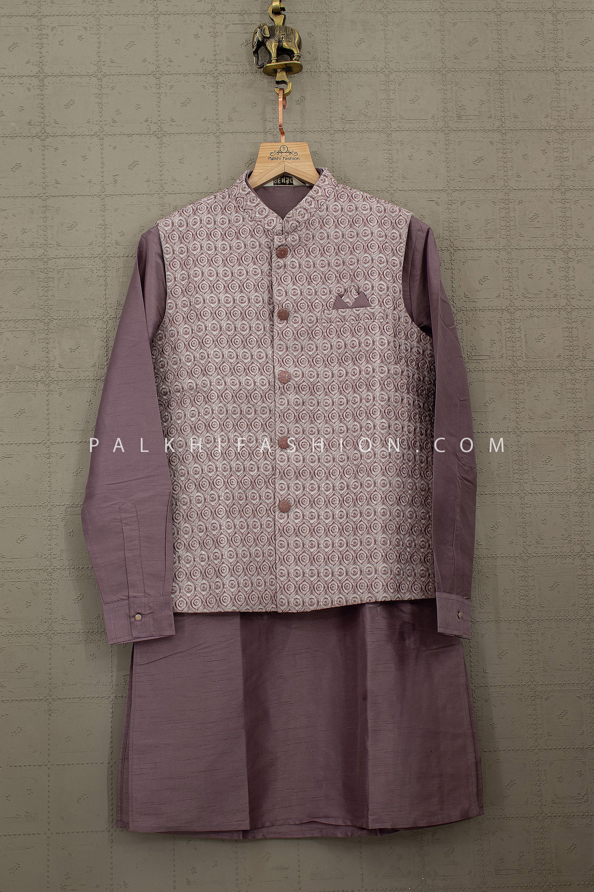 Lilac Crown Edit - Light Lilac Chikankari Jacket Kurta Set for Men | Palkhi Fashion