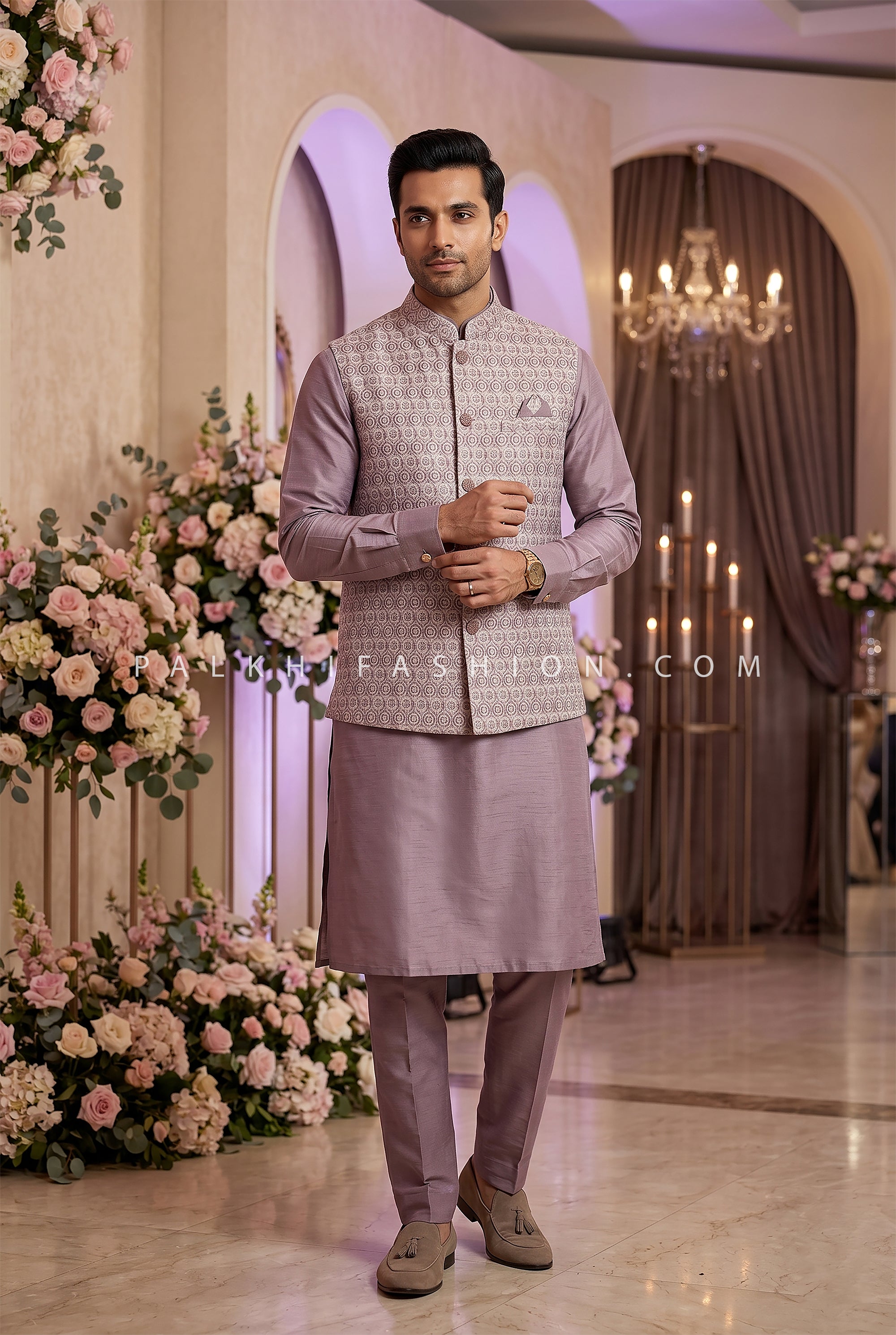 Lilac Crown Edit - Light Lilac Chikankari Jacket Kurta Set for Men | Palkhi Fashion
