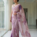 Lavender Bloom | Lilac Floral Print Georgette Saree with Beadwork & Embroidery | Palkhi Fashion