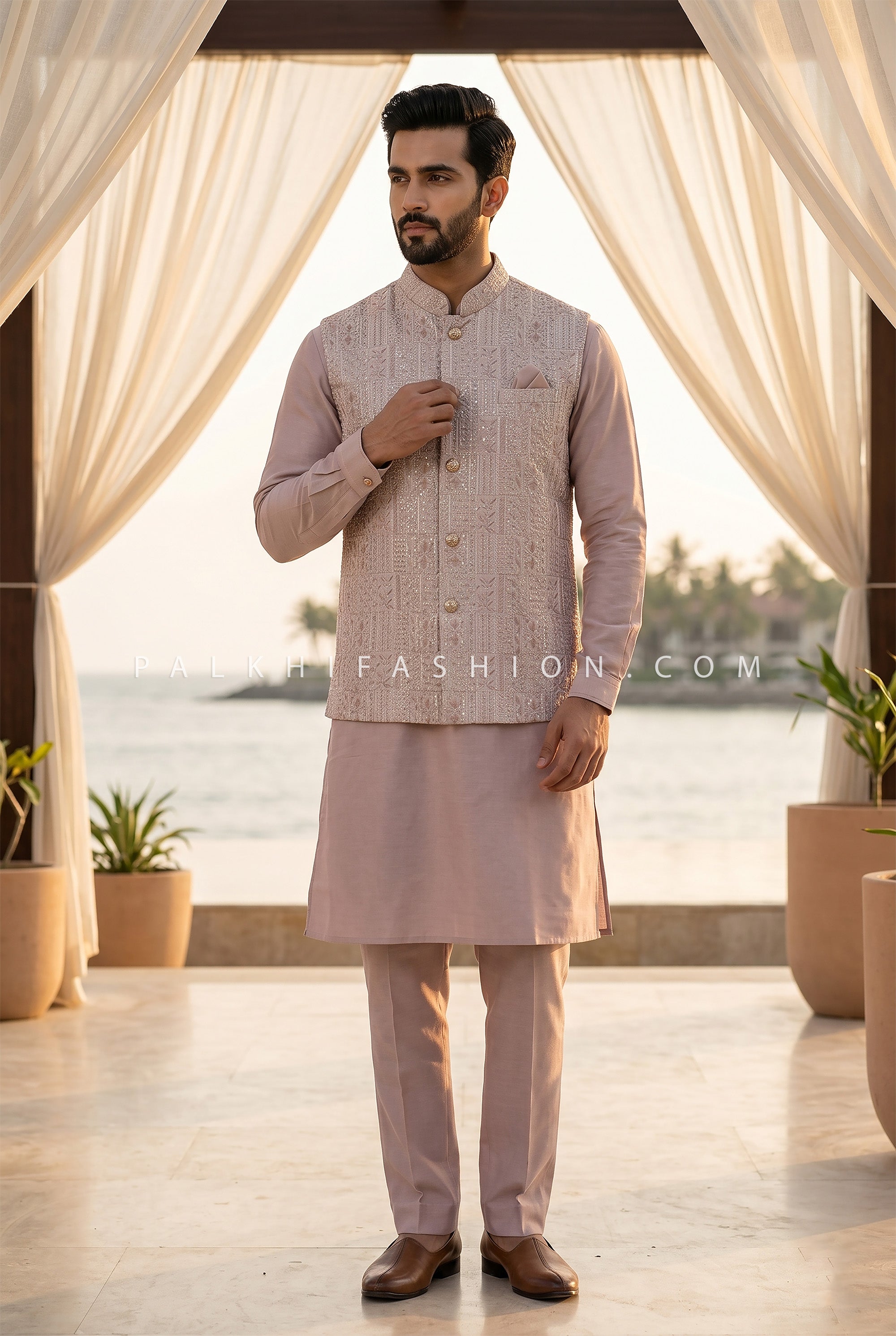 Lilac Regent Aura - Light Lilac Silk Jacket Kurta Set for Men | Palkhi Fashion