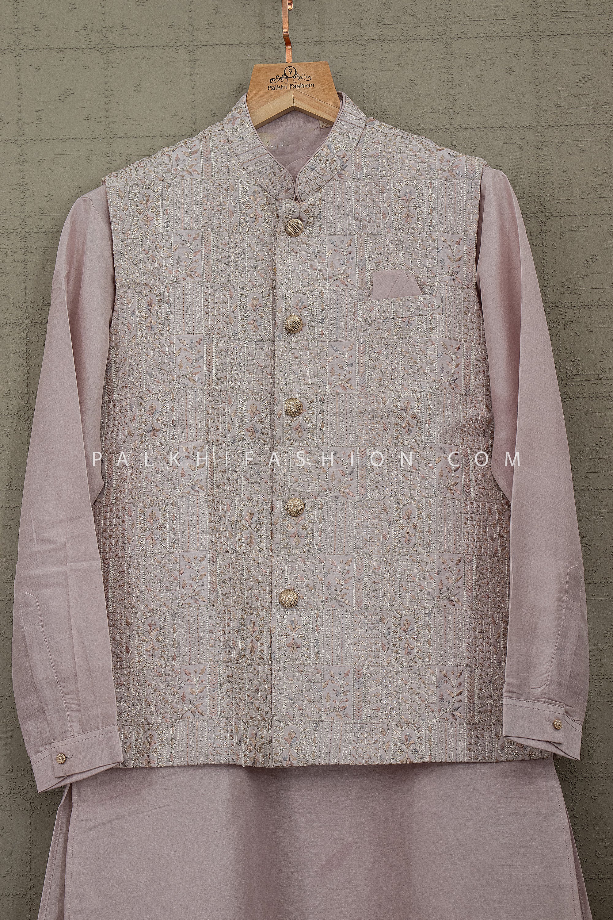 Lilac Regent Aura - Light Lilac Silk Jacket Kurta Set for Men | Palkhi Fashion