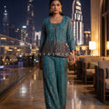 Luxe Evening Edit – Teal Embroidered Crop Top Palazzo with Jacket | Palkhi Fashion