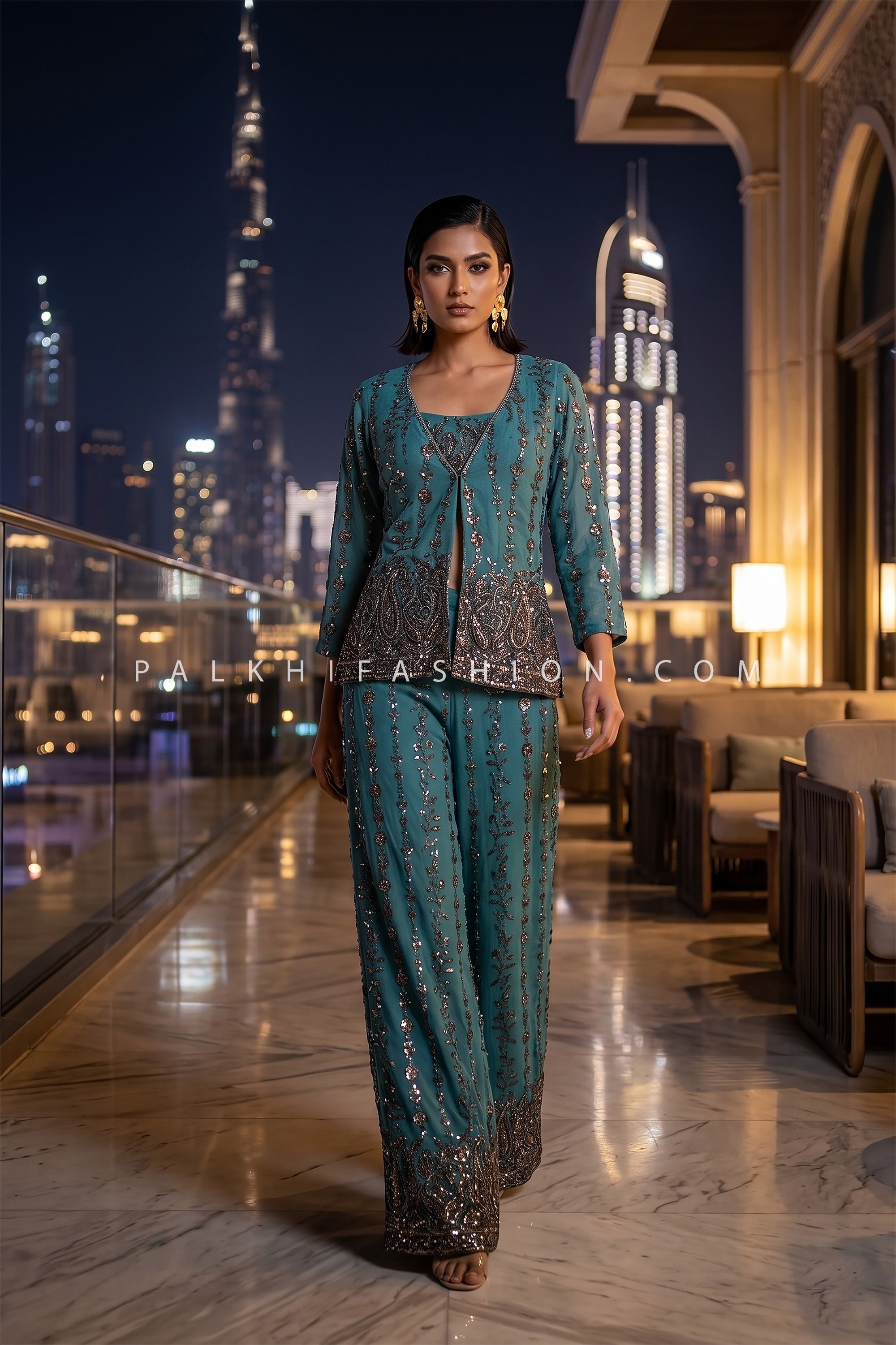 Luxe Evening Edit – Teal Embroidered Crop Top Palazzo with Jacket | Palkhi Fashion