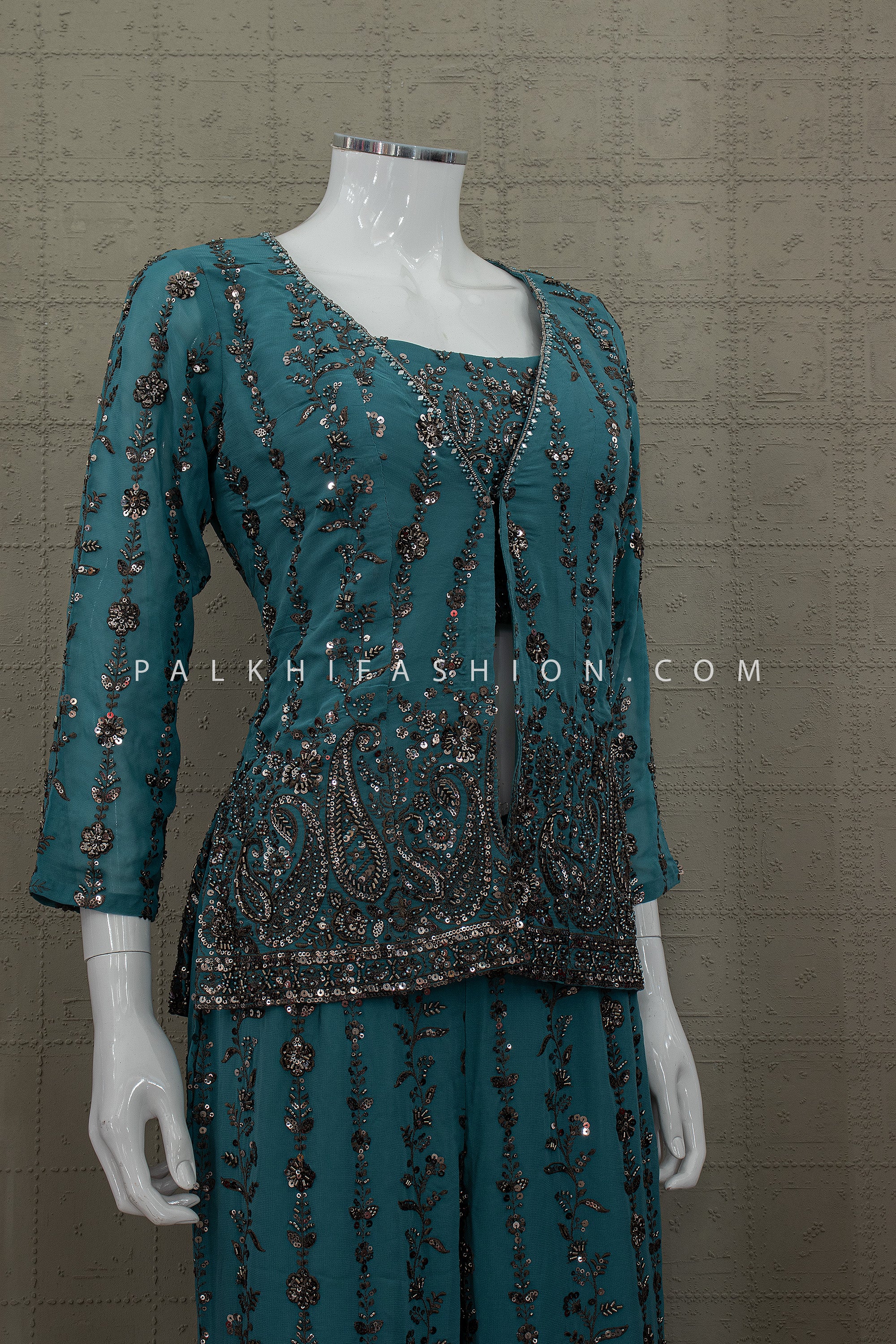 Luxe Evening Edit – Teal Embroidered Crop Top Palazzo with Jacket | Palkhi Fashion